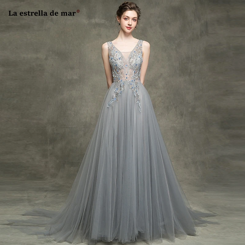 Vestidos para invitadas de boda2019 Тюль Кристалл сексуальный v-образным вырезом Холтер серебристо-серый бохо стиль свадебные вечерние платья со шлейфом