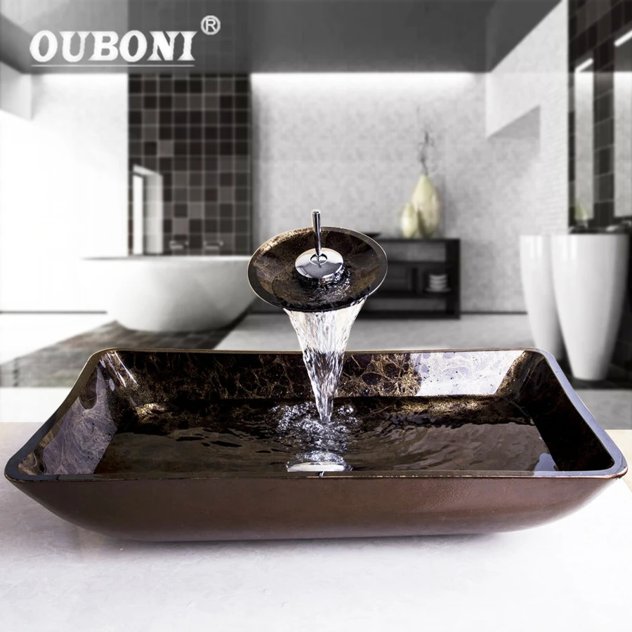 OUBONI Waterfall Bathroom Rectangular Glass Basin Sink Washbasin Glass Hand-Painted Lavatory Bath Brass Set Faucet Mixers Taps