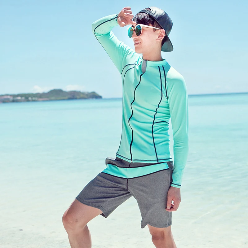 2017 أحدث طويلة الأكمام الشاطئ ملابس طفح الحرس الصيف رجالي بدلة ركوب الأمواج اثنين قطعة الذكور ملابس السباحة