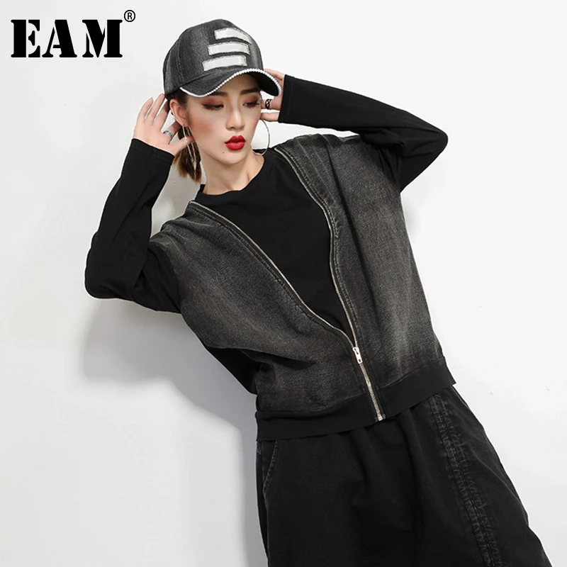 

[EAM] 2019New Spring Summer Black Zipper Fake Two Pieces O Collar Full Sleeve Casual Women Fashion Tide Loose T-shirt OA873