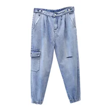 Синие рваные джинсы размера плюс 5XL, женские летние повседневные штаны с высокой талией, свободные джинсовые женские джинсы длиной до щиколотки с пуговицами на молнии