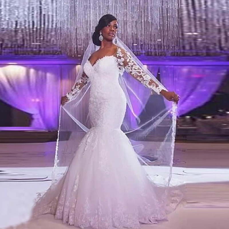 

Plus Size Mermaid Wedding Gowns Off The Shoulder Long Sleeves Appliques Tulle Floor Length Bridal Gowns African Women Maxi Dress
