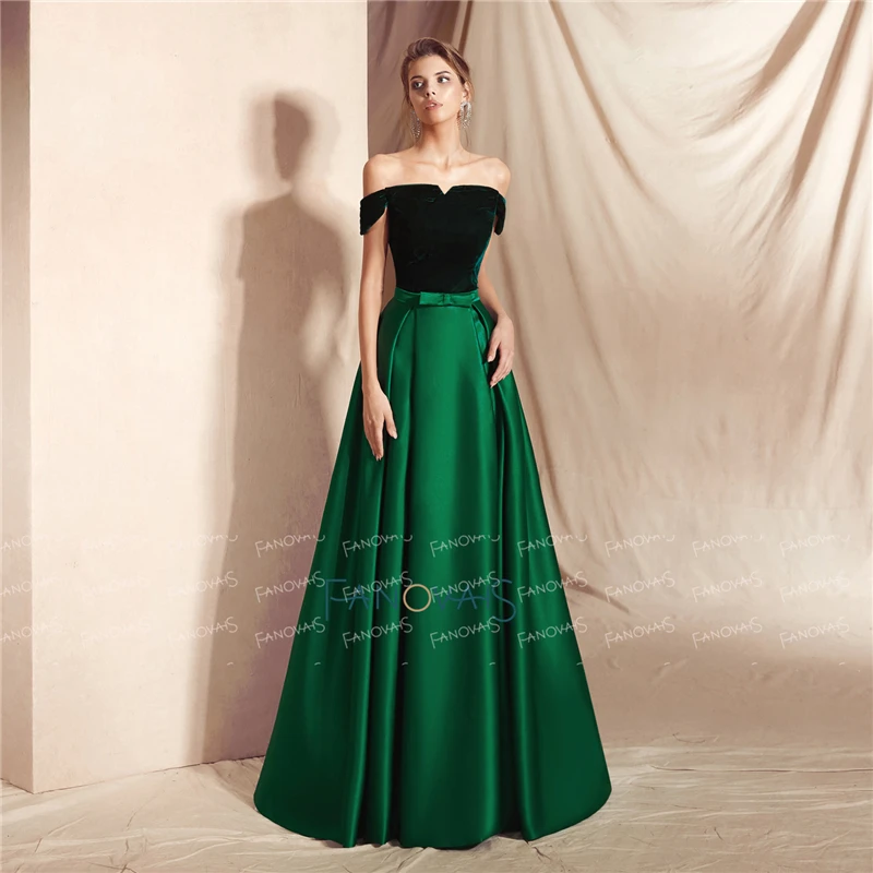 Elegant Dark Green Off-The-Shoulder A-Line Velvet Top Satin Long Evening Prom Dresses image 2