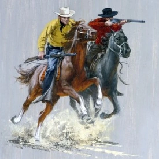 Two cowboys shooting on horseback Poster Print (18 x 24)