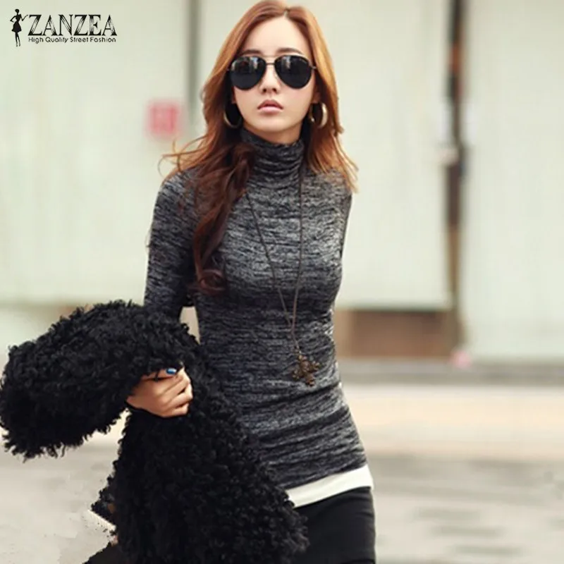 

ZANZEA Fashion Women Sweater Pullovers Tops 2019 Autumn Winter Turtleneck Long Sleeve Slim Knitted Sweater Bodycon Jumper Shirt