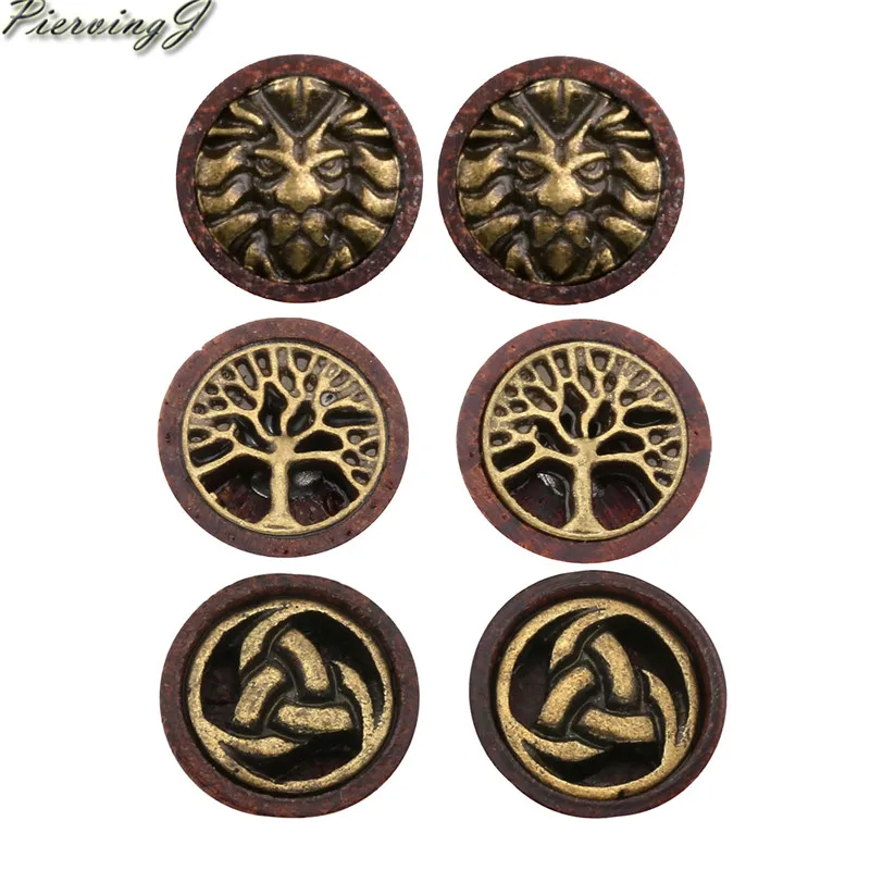 

PiercingJ 1.2mm (16g) Wood Lion Head Odin's Horn Life tree Sono Fake Ear Expander stainless steel Plug Piercing Stud Earring