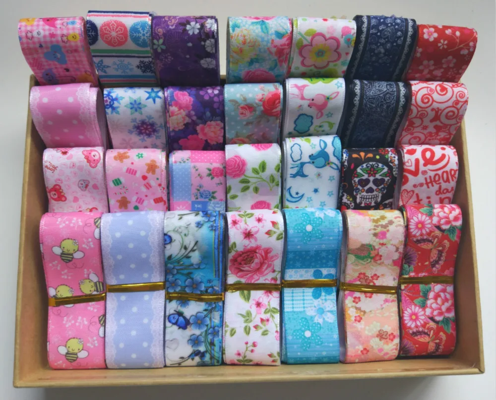 

NEW 22/25mm Random set mixed 10 styles lively flowers & cartoon printed satin ribbon 1Y/style STRD010