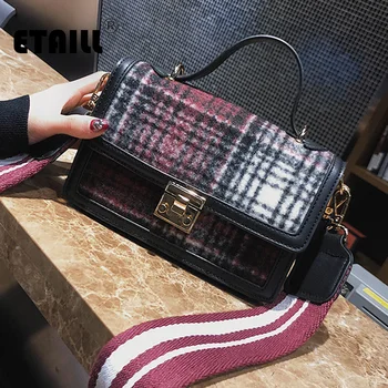 

ETAILL Wool Block Plaid Messenger Bags Top Handle Wide Strap Bags Designer Women's Fashion Brands Female Crossbody Shoulder Bags