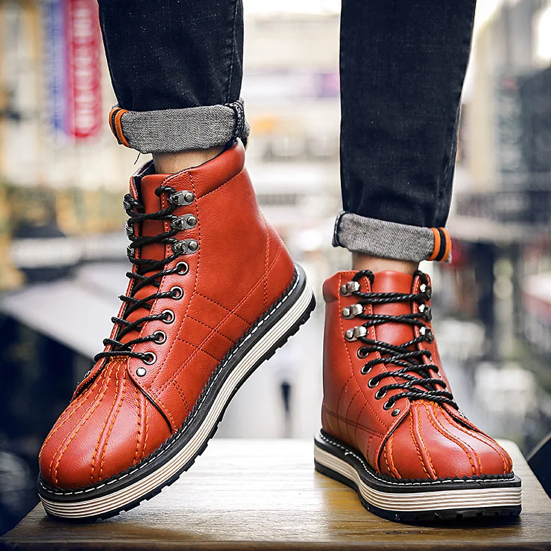 

Autumn Winter Men's Leather Boots Fashion Male High-Cut Shoes Casual Warm Lace-up Motorcycle Martin Boots for Men
