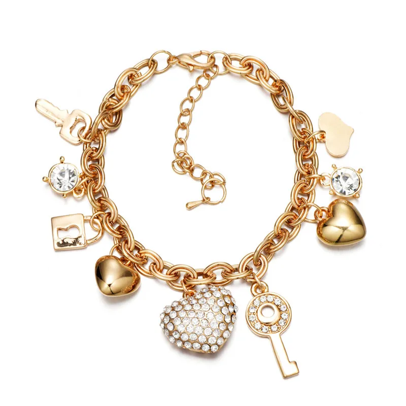

Fashion New Gold Color Love Locked Heart Charm Bracelet Bangle For Women Austrian Crystal Link Chain Bracelet Vintage Jewelry