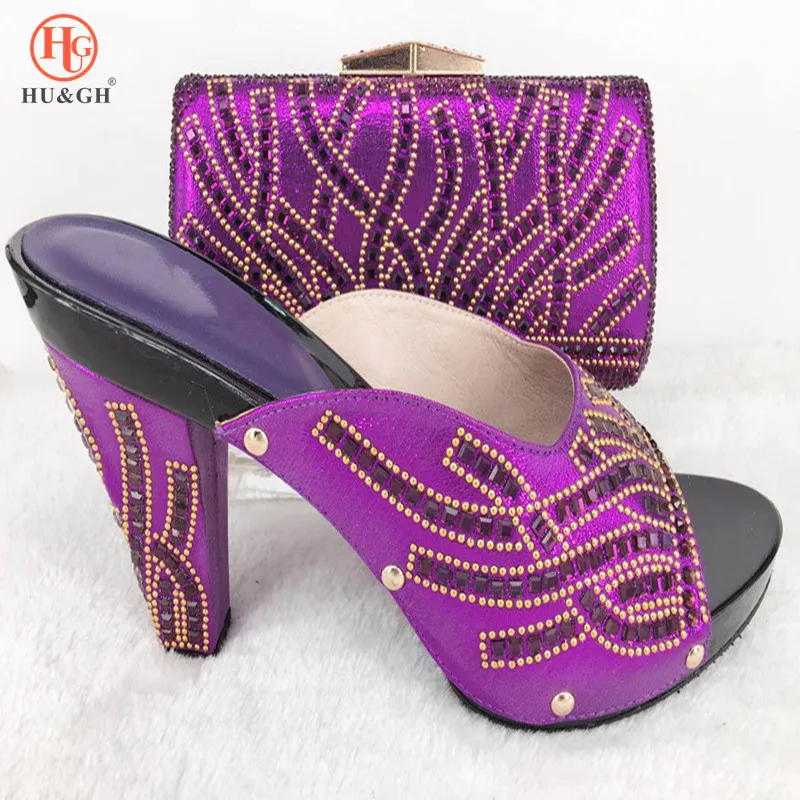 

New Crystal Purple New African shoes and bag set for party Italian Wedding shoes with matching bag ladies matching shoes and bag
