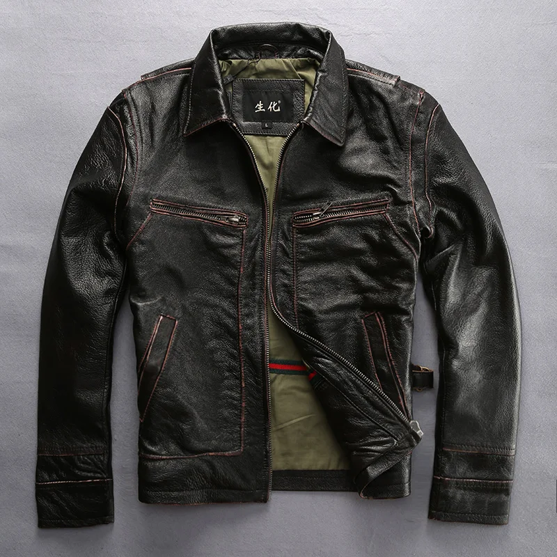

2018 New Men Leather Jacket Vintage Black Business Casual Genuine Cowskin Plus Size XXL Factory Direct Men Winter Coats