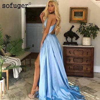 

Sky Blue Evening Dresses V Neck Silk Satin High Slit Arabic Muslim Special Occasion Vestidos De Fiesta De Noche Robe De Soiree