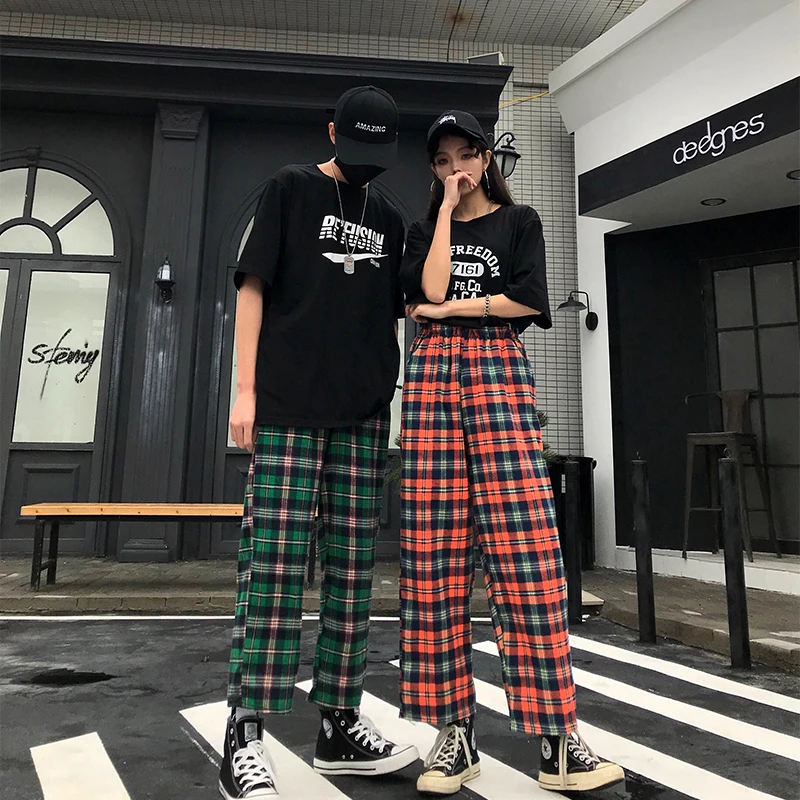 

Women Vintage Plaid Pants 2019 New Spring Fashion Ins Harajuku Loose Casual Straight Wide Leg Trousers for Female