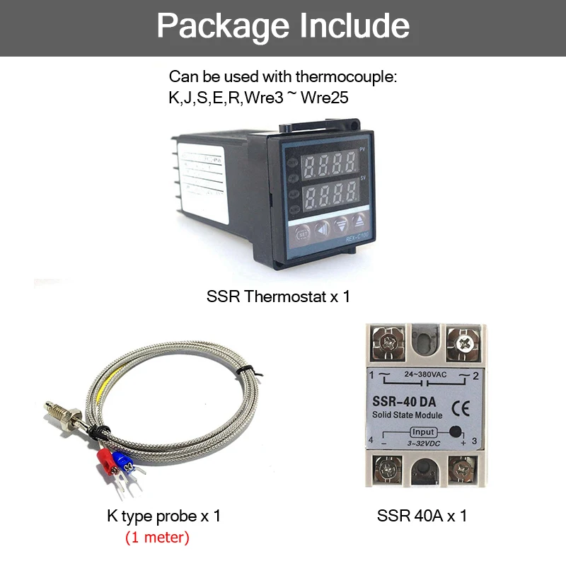 Двойной цифровой PID SSR Термостат Регулятор Температуры Комплект REX-C100 с SSR-40DA, радиатор, 2 м К термопары - Цвет: Set 4