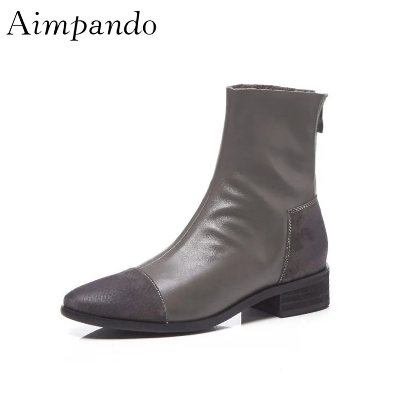 

Quality Leather Ankle Boots Women Patchwork Square Heel Back Zip Round Toe Fashion Runway Lady Booties