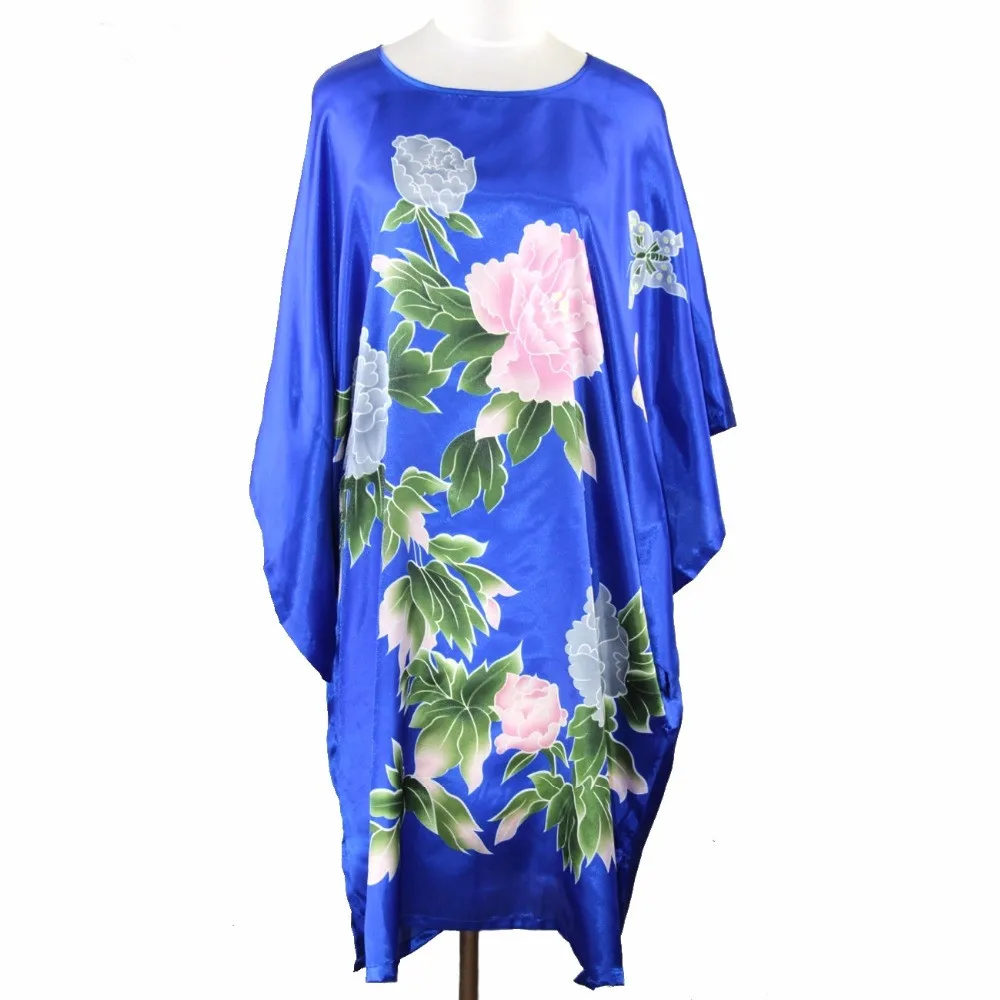 Женское фиолетовое шелковое кимоно из искусственного шелка, стильный халат с цветами, банное платье, китайское винтажное домашнее платье, пижама, ночная рубашка размера плюс 6XL - Цвет: blue