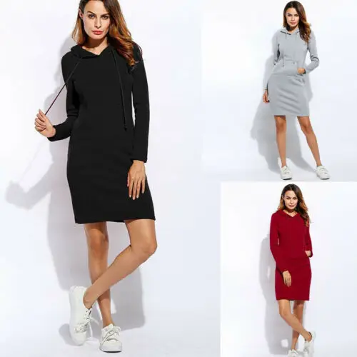 

Winter Women Female Lady Casual Sport Active Cool Solid Plaid Pullover Hooded Long Dress Hoodie Sweatshirt Dress Bodycon