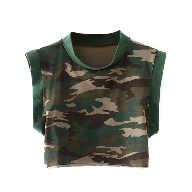 

Women crop top Camouflage Tees Summer Casual Style New Arrival Casual Tees O-neck Print Rolled sleeveless Tops