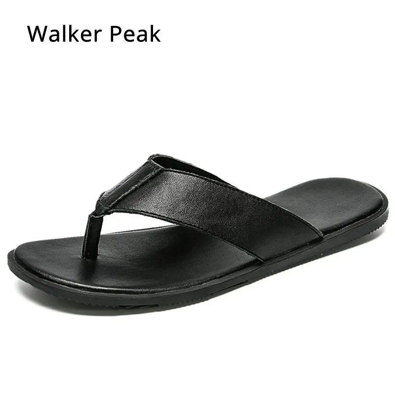 

Mens Flip Flops Genuine Leather Slippers Summer Fashion Male Beach Sandals Shoes For Man Casual shoes 2019 Brand Walker Peak