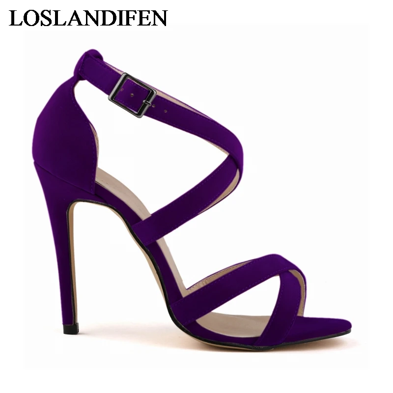 Босоножки на ремешке с пряжкой; женские босоножки из флока на тонком каблуке; повседневная обувь в гладиаторском стиле; обувь на высоком каблуке; NLK-C0058 - Цвет: 2