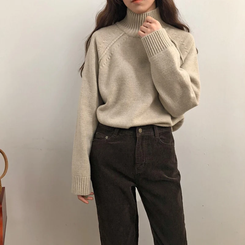 OLN Women's Turtleneck Sweater Solid Color Raglan Sleeve Pullover Soft Sweaters Comfortable Bottoming Sweater Truien Dames 9202