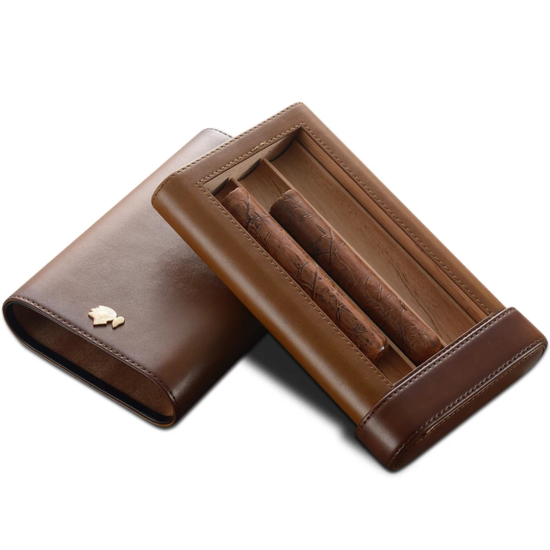 COHIBA High-end Gadget Excellent Brown Leather Portable Cigar Case Holder Travel 3 Lined Cedar Wood Tube W/ Black Gift Box