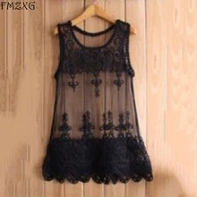 

FMZXG New Spring Mesh Lace Women T-shirt Embroidery Floral Sleeveness Hollow Out T Shirts Tops Tees Plus Size 6XL Black