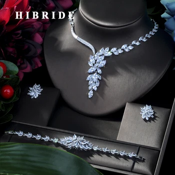 HIBRIDE Luxury Women Jewels Elegant Shape Bridal CZ Necklace Earrings Bracelet Ring 4pcs Big Wedding Jewelry Set for Bride N-166