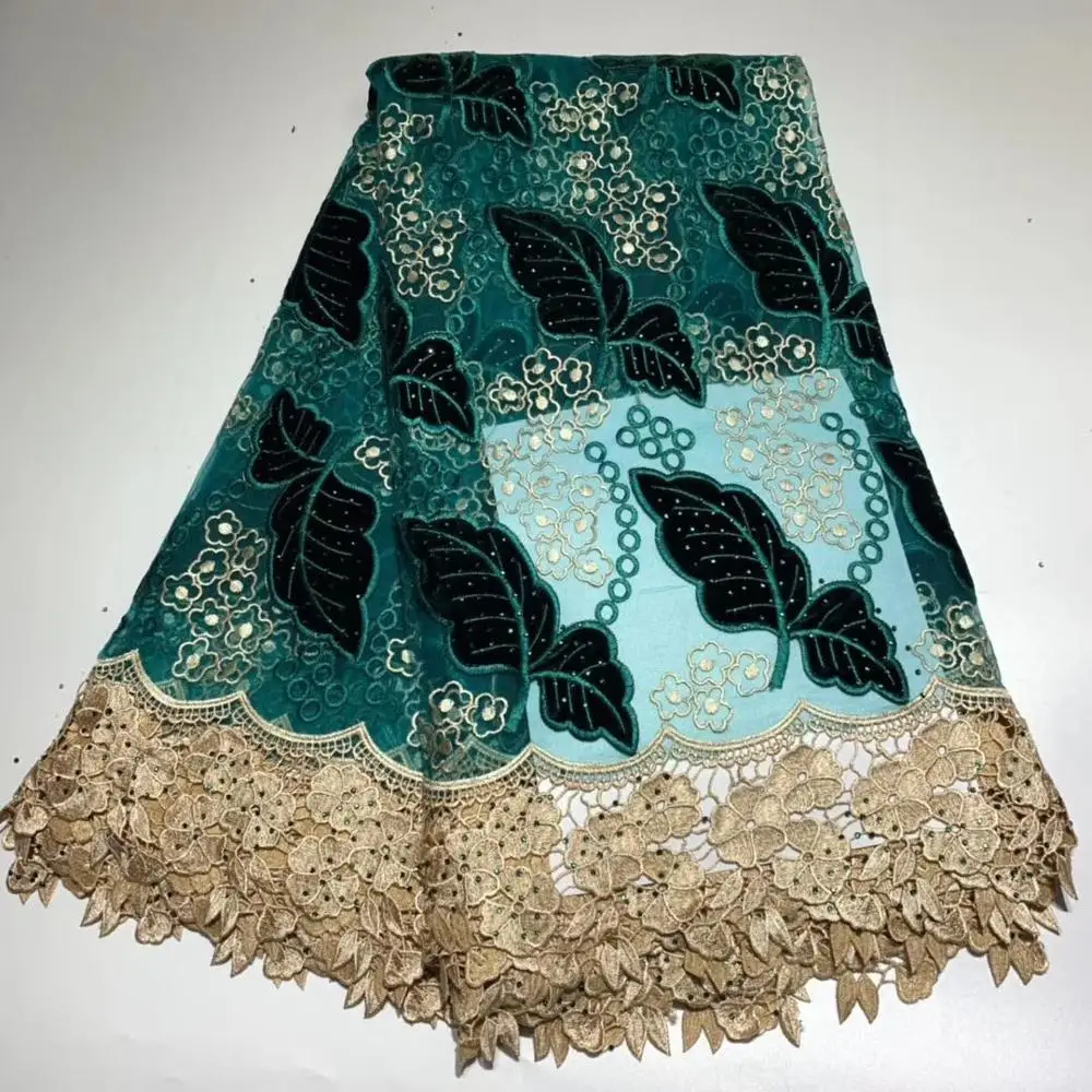 

Best Quality African Guipure Cord Lace Fabric With Stones Latest Style Dark green African Cord Lace Fabric For Wedding