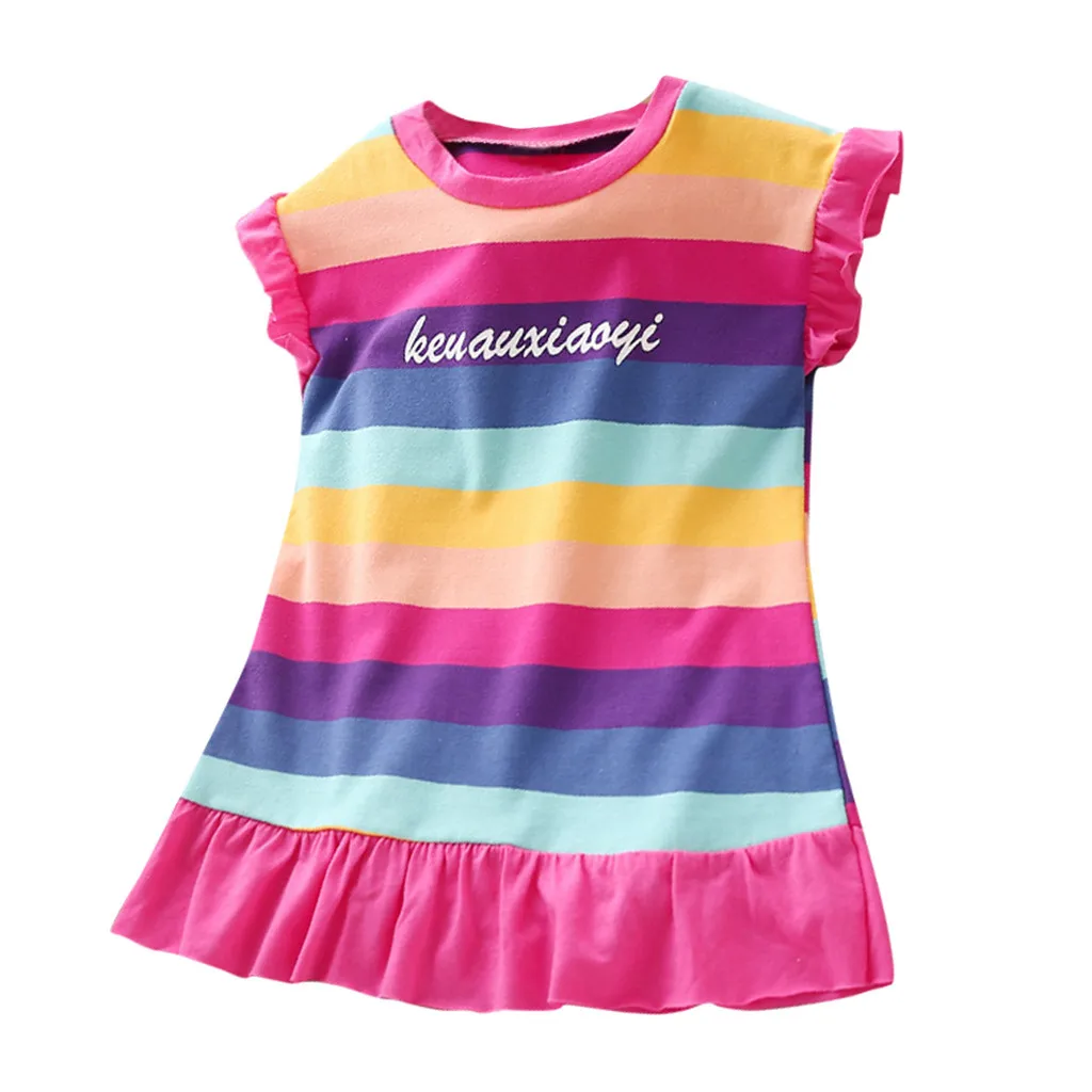 

2019 Summer Girl Dress Rainbow Stripe sleeveless Cotton Brand Ruffles Tutu Dresses For Girls 1 2 3 4 5 Years