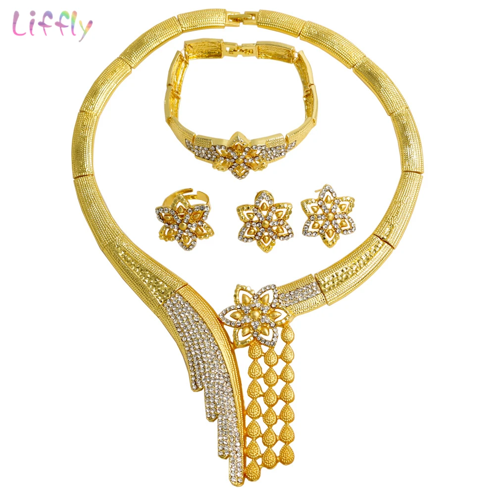 

Liffly Italy Bridal Gift Women Wedding African Beads Jewelry Set Necklace Dubai Gold Color Jewelry Sets Wholesale Jewellery