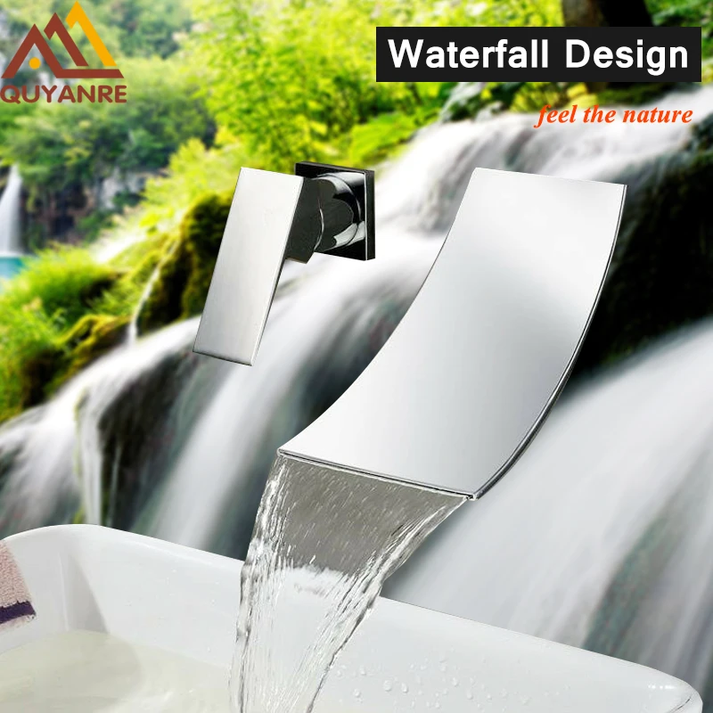 

Modern Wall Mounted Waterfall Basin Faucet Mixer Tap with Ceramic Valve Single Handle Two Holes for Chrome Bathroom Sink Faucet