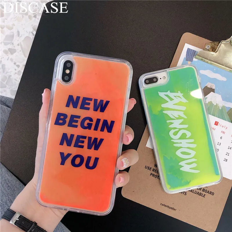 

DISCASE Luminous dynamic quicksand Phone Case For iphone 8 7 6 6s plus X XR XS MAX Candy colors Simple letter Back Cover Funda