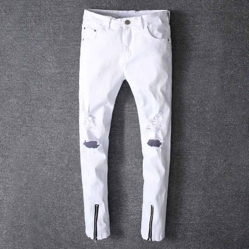Новые летние белые Рваные джинсы Для мужчин модные джинсы на молнии обтягивающие джинсы Homme Повседневное в стиле "хип-хоп" Сваг стиль, деним джинсы брюки для девочек