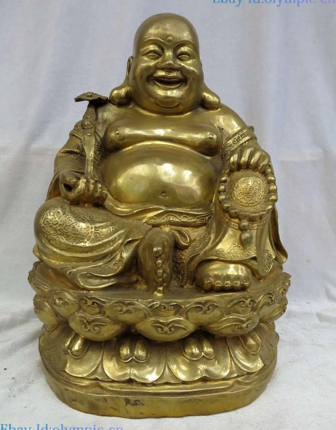 12&quot China brass copper sculpture carved as one wishes Maitreya Buddha Statue | Дом и сад