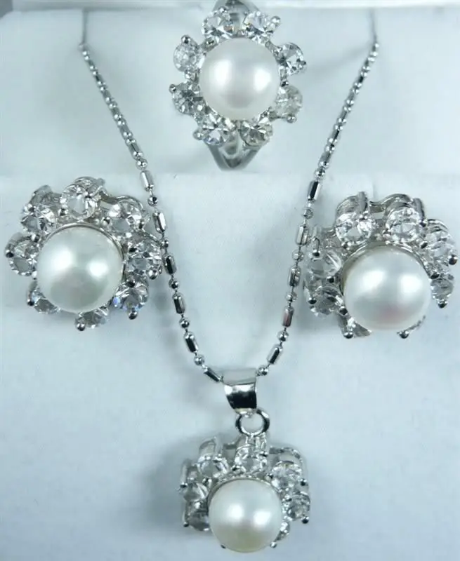 

shipping Fancy White Pearl Necklace Earrings Ring Set hot