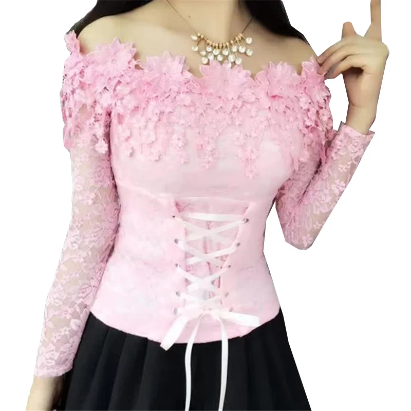 

Women Shirt Autumn Sweet Floral Lace Blouse Lady Sexy Slim Slash Neck Off Shoulder Blouses Mesh Lace Up Blusas White Tops SF924