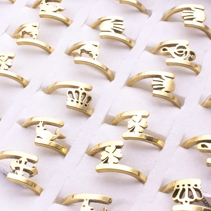 20 штук Винтаж из нержавеющей стали, в стиле ретро кольцо для женщин Корона Пальма Крест Шарм обручальные Обручальные кольца ювелирные изделия оптом - Цвет основного камня: Золотой