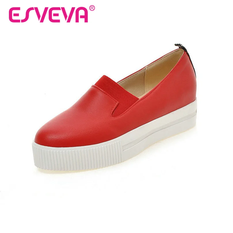 

ESVEVA College  Style Pu Soft Leather Women Pumps Elastic Solid Slip On Platform Spring/Autumn Miss Casual Shoes Round Toe Red