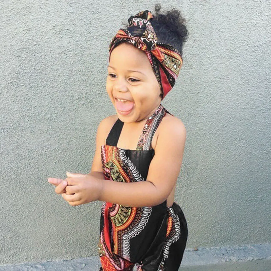 Девочки преддошкольного возраста Африканский безрукавный комбинезон с принтом повязка для волос комбинезон одежда kinder kleider onesies одежда для малышей roupa menina