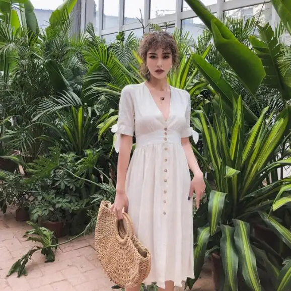 

2019 Summer New Arrival Women's Solid Button Dress Elegance High Waist Short Lace Up Bow Sleeve V Neck Vintage Dress DV669