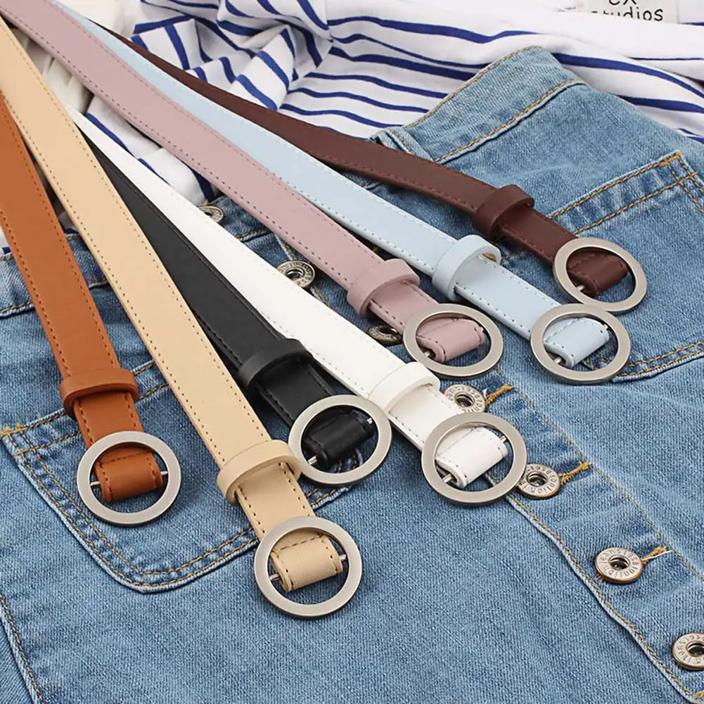 Women PU Leather Belt With Metal Circle Buckle Reversible Waist Belts ...