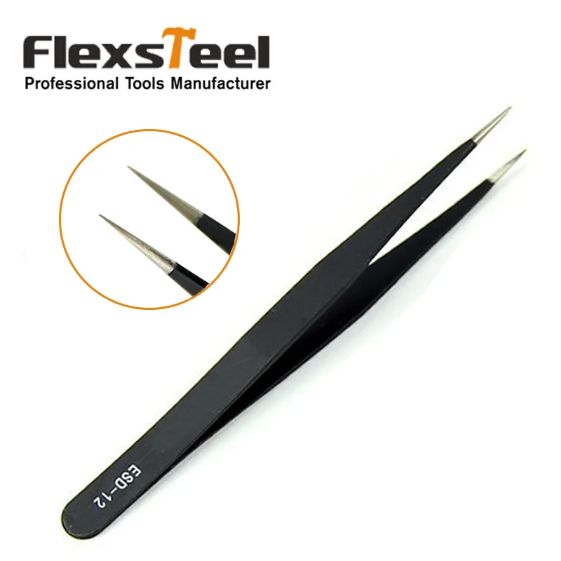 

1PC ESD-12 Precision Soldering Tweezers Non-magnetic Anti-static Straight Tip Forceps Black Maintenance Electronic Tweezers Tool