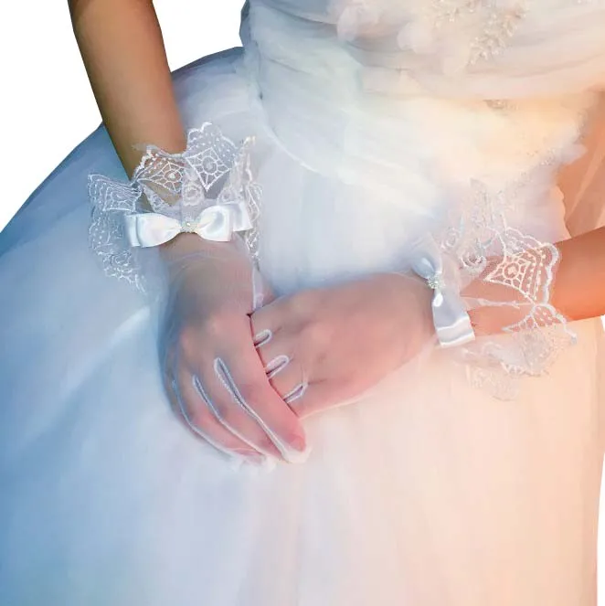 Women Elegant Ivory Bow Bridal Gloves Lace Tulle Full Finger Short