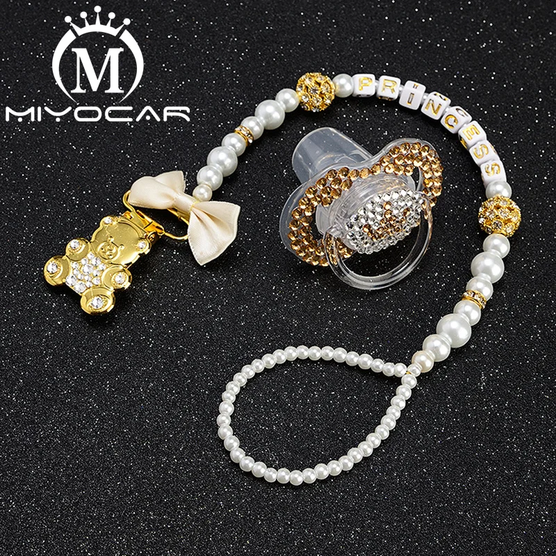 

MIYOCAR gold bling bear pacifier clip dummy clip holder pacifier holder with bling gold crown bling pacifier SP016