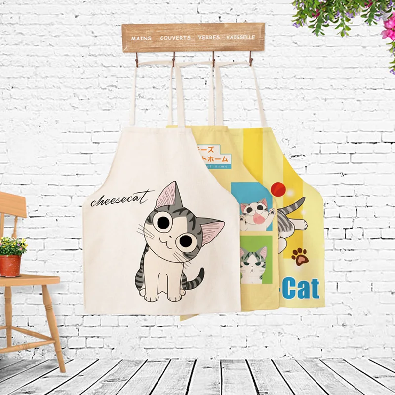 

Cute Cartoon Cheese cat Printed Apron For Adult And Chird Kitchen Cooking Creative Cotton Hemp Parent Apron