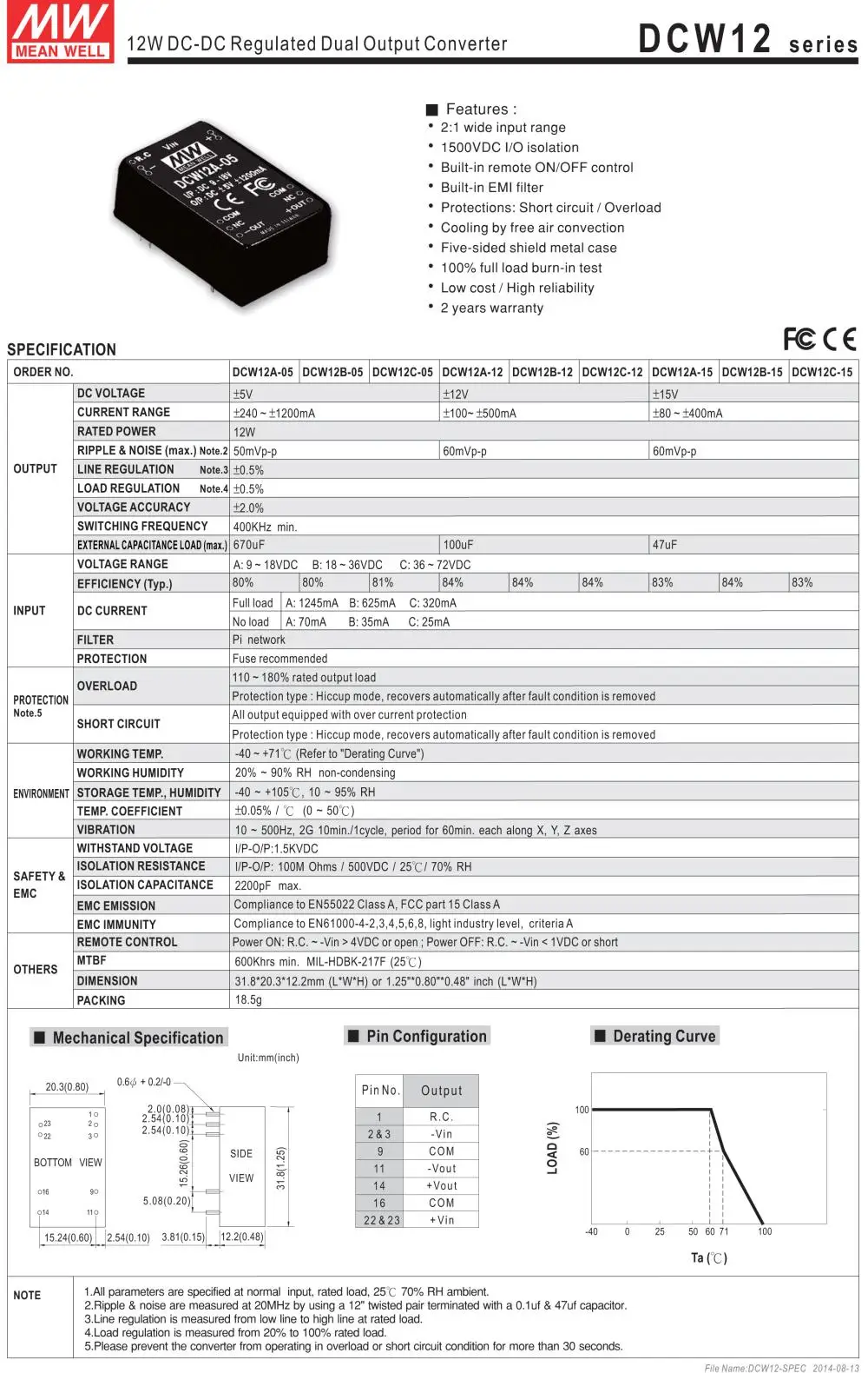 [PowerNex] meanwell MEAN WELL оригинал DCW12B-05 5 В 1200mA DCW12 5 В 12 Вт DC-DC Регулируемый Двойной Выход конвертер