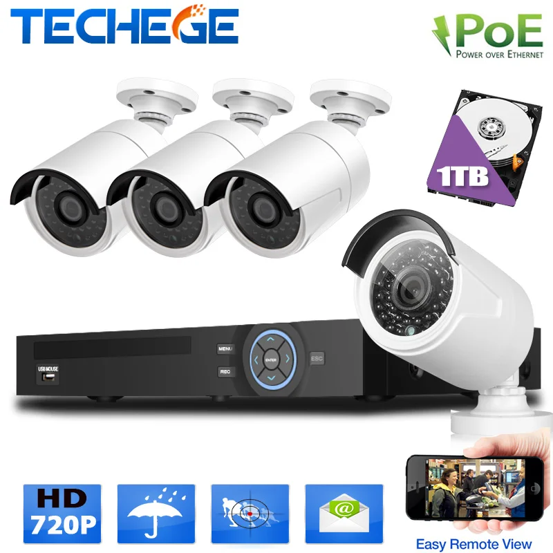  4CH 1.0MP surveillance kit 1080P POE NVR 4pcs 720P IP camera w 1TB HDD security cctv camera system IR night vision Mobile view 