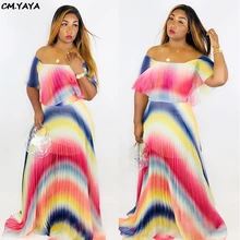 Женское летнее платье с радужной волной и полосатым принтом, с открытыми плечами, с коротким рукавом, большое свободное Макси Плиссированное пляжное длинное платье GLYWJR0646